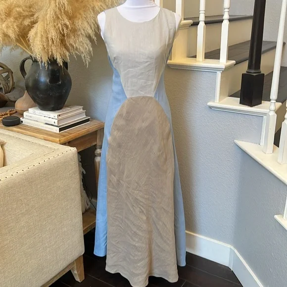 Lafayette 148 Color Block 100% Linen Maxi Sheath Dress Size 2 - Picture 2 of 9